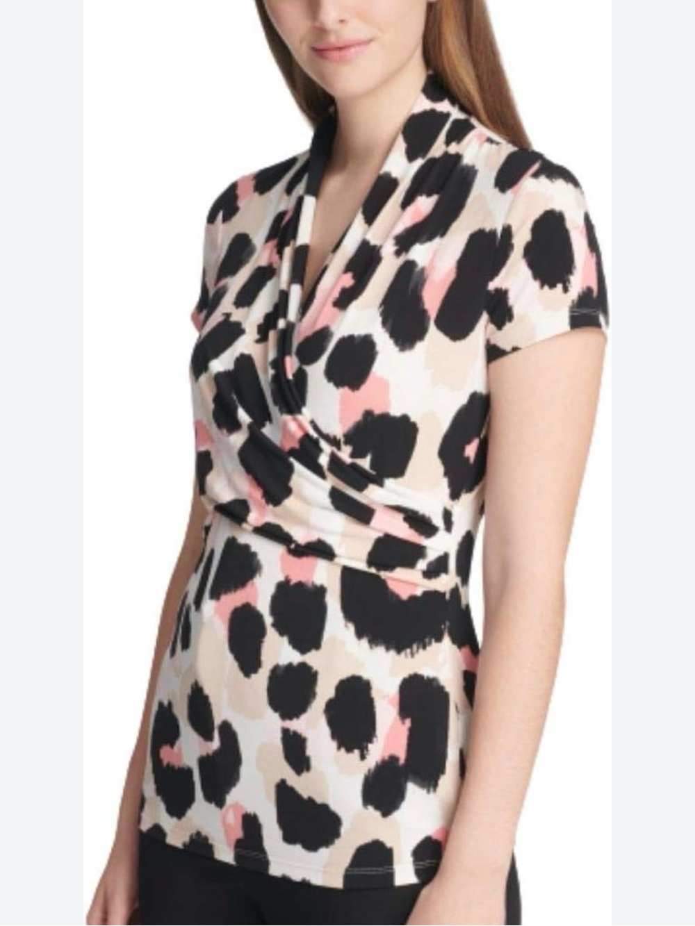 DKNY Ruched Animal Print Surplice Top in Black, Blush & Cream XL
